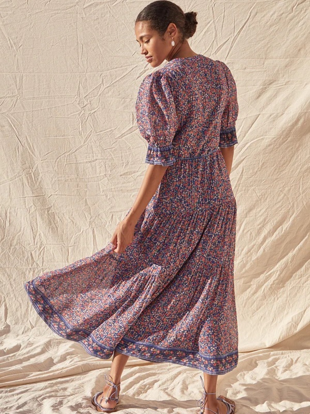 SAYLOR Blue Multi Floral Puff-Sleeve Maxi Dress Size L 90% Viscose - Picture 2 of 16